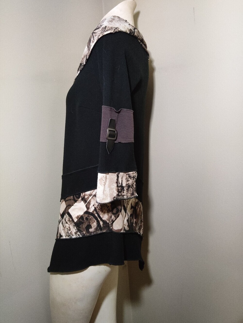 Bali Mixed Media Asymmetrical Tunic Top Black Abstract Faux Leather Trim M - Picture 4 of 12